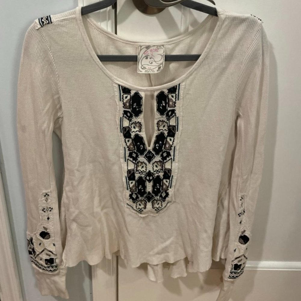 White/Ivory Free People Thermal Waffle Shirt with Cut Out
